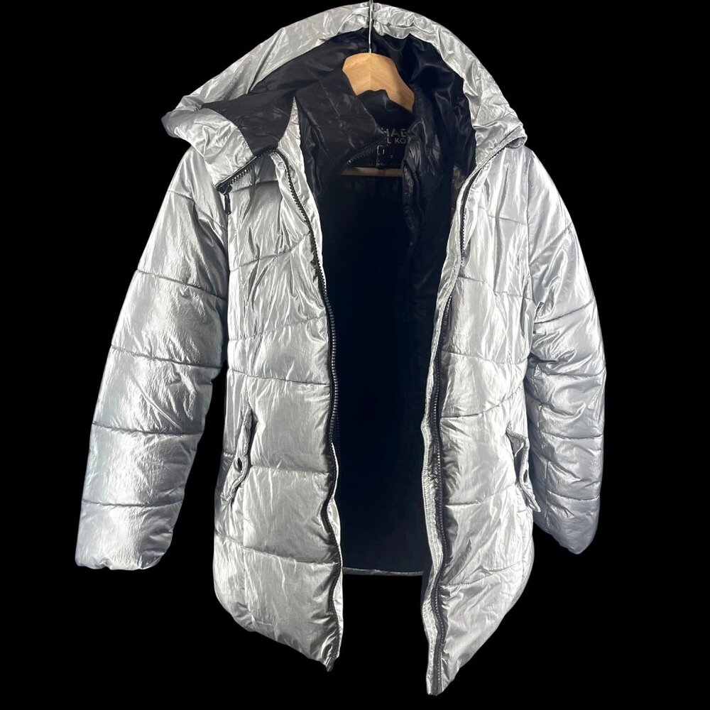 Michael Michael Kors Silver Puffer Coat With Hood Size 10/12 - Picture 2 of 8